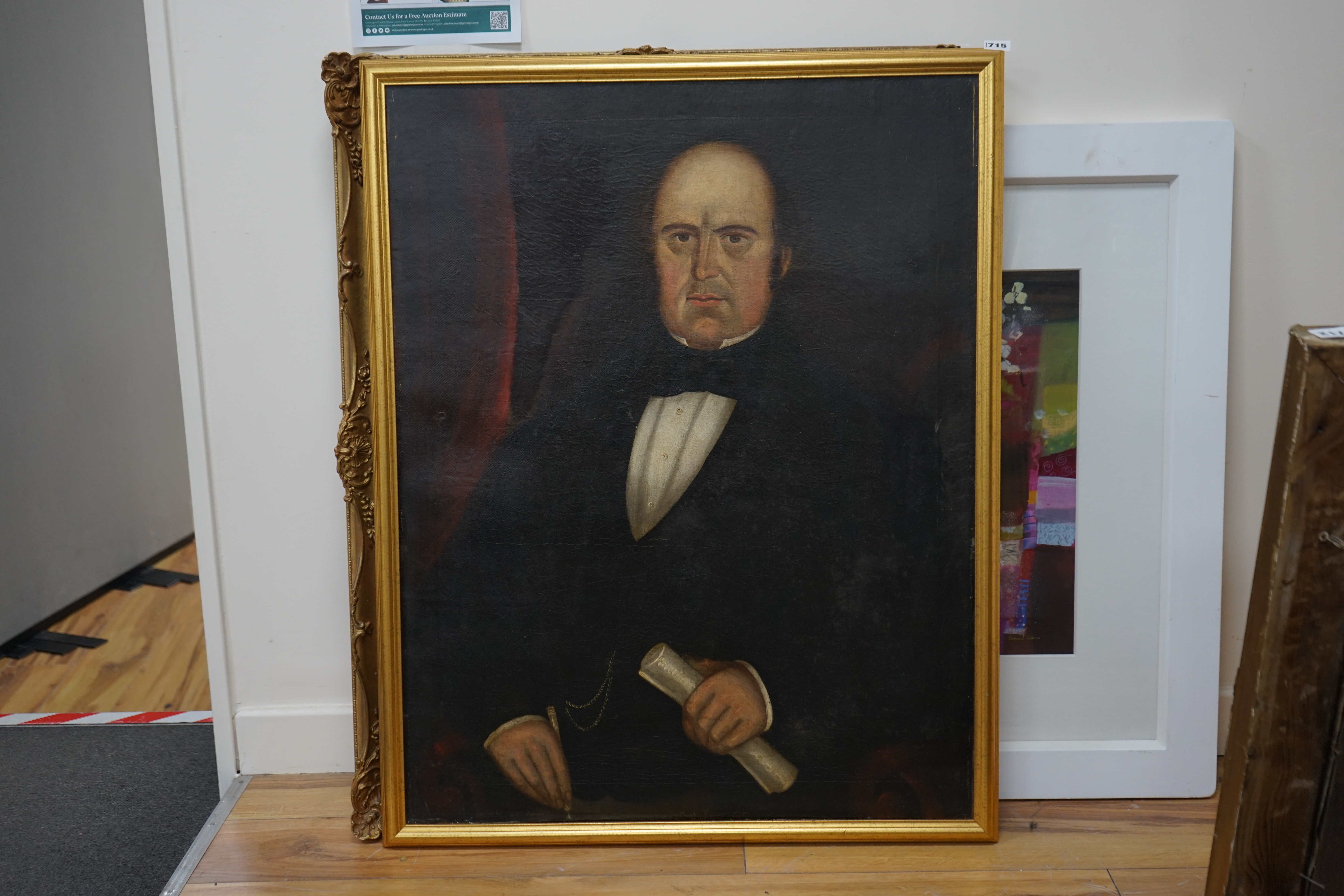 Mid 19th century English School oil on canvas, Portrait of a seated gentleman with writing equipment, 90 x 70cm. Condition - poor to fair